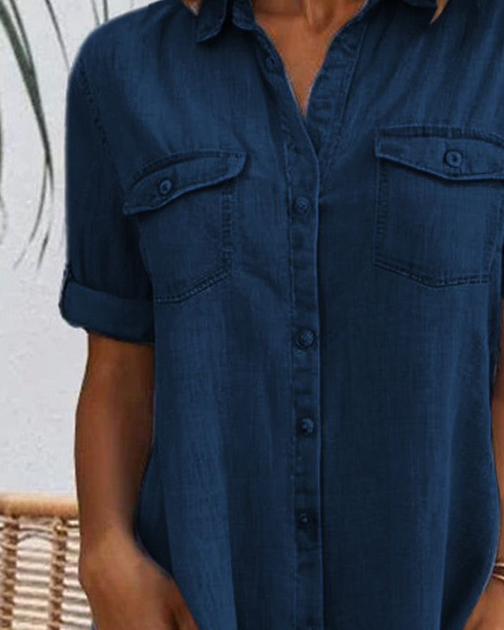 Mia - Short Sleeve Button Denim Dress