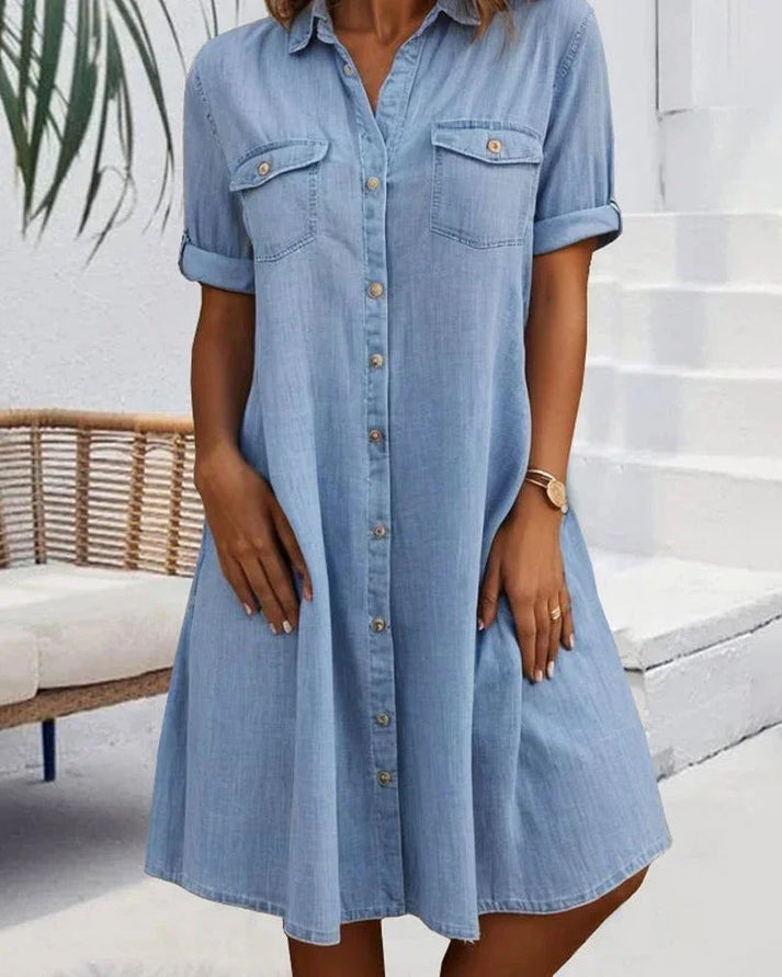 Mia - Short Sleeve Button Denim Dress
