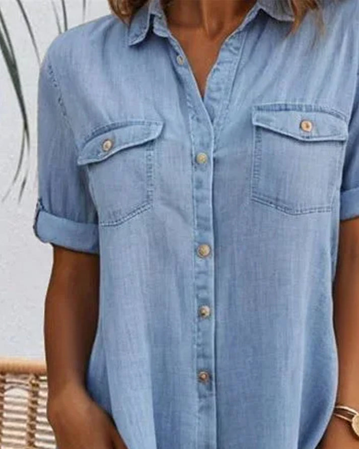 Mia - Short Sleeve Button Denim Dress